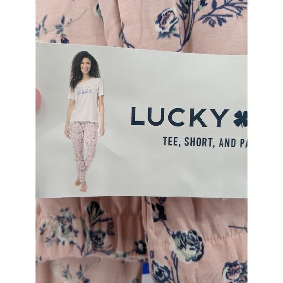 Lucky Brand Pajama Set Floral 3 Piece Shirt Short Jogger Women Pink Large Lounge - Picture 7 of 10